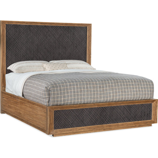 Big Sky Panel Bed by Hooker Furniture in vintage natural, furrowed bark. Made from pecky hickory veneers, resin in a rustic style.