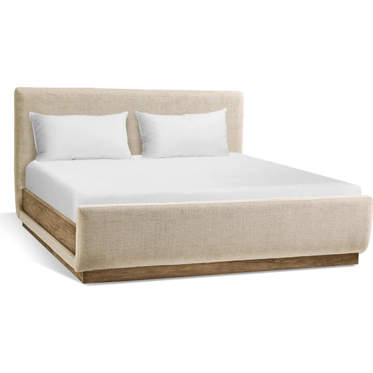 Stone Ridge Upholstered Bed by Jonathan Charles in tully light acacia. Made from acacia veneer in a unique style.