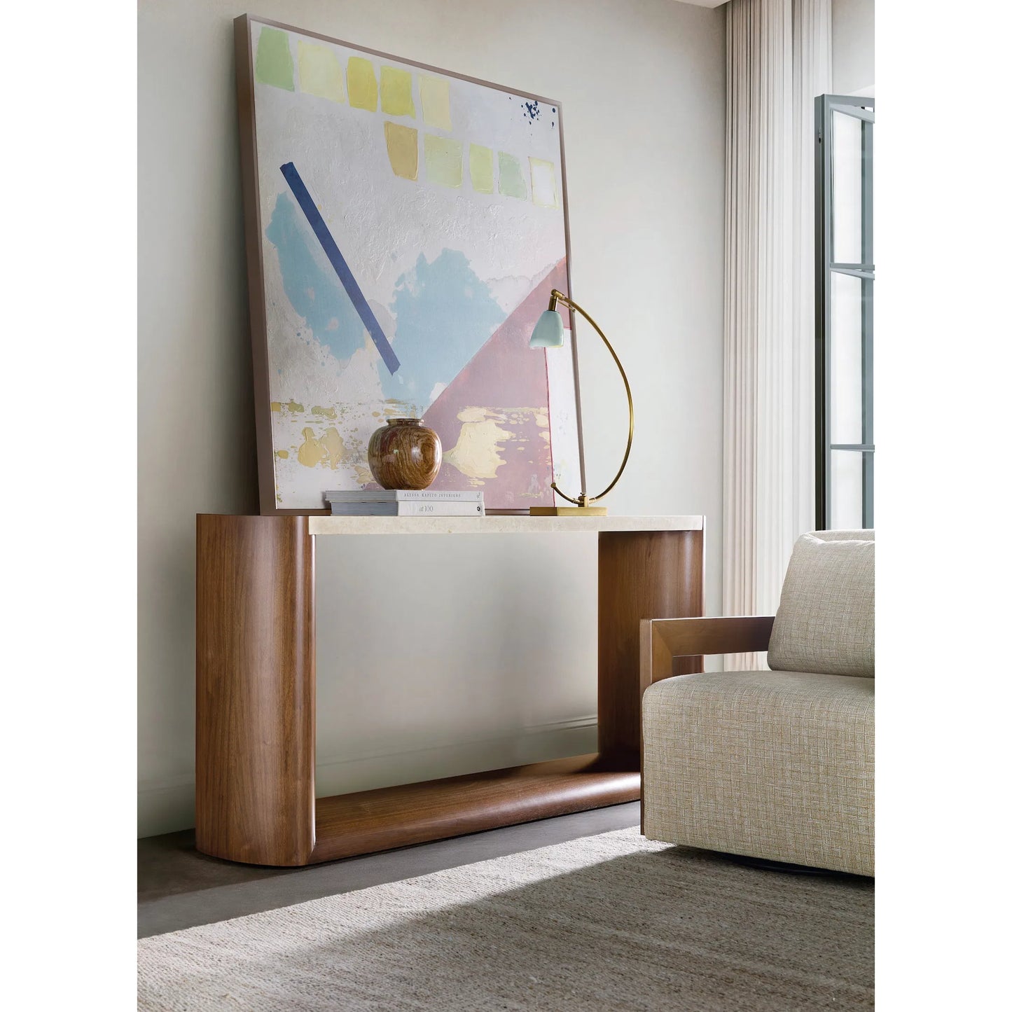 003 SI-2458578 | Lifestyle | Eleana Console Table by Hooker Furniture in light caramel, quartered walnut veneers, marble. Made from walnut veneers, marble in a modern style.