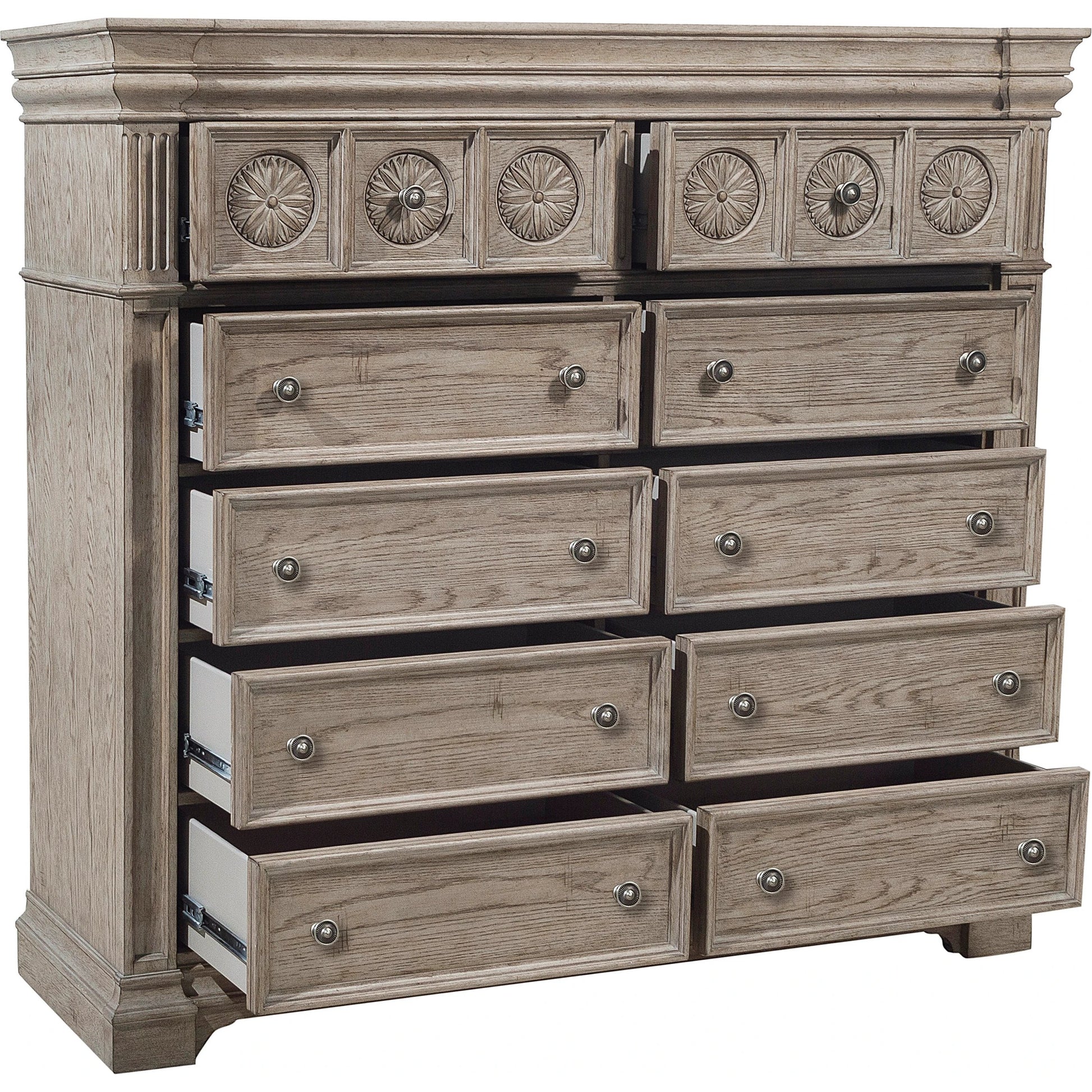 Kingsbury Master Chest by Pulaski Furniture in french grey. Made from oak veneers, hardwood solids in a traditional style.