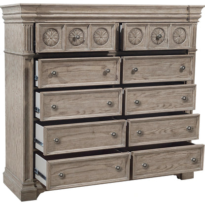 Kingsbury Master Chest by Pulaski Furniture in french grey. Made from oak veneers, hardwood solids in a traditional style.