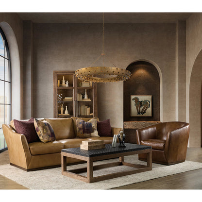 Fairfax Stationary Sofa by Hooker Furniture in dark wood. Made from leather in a traditional style.