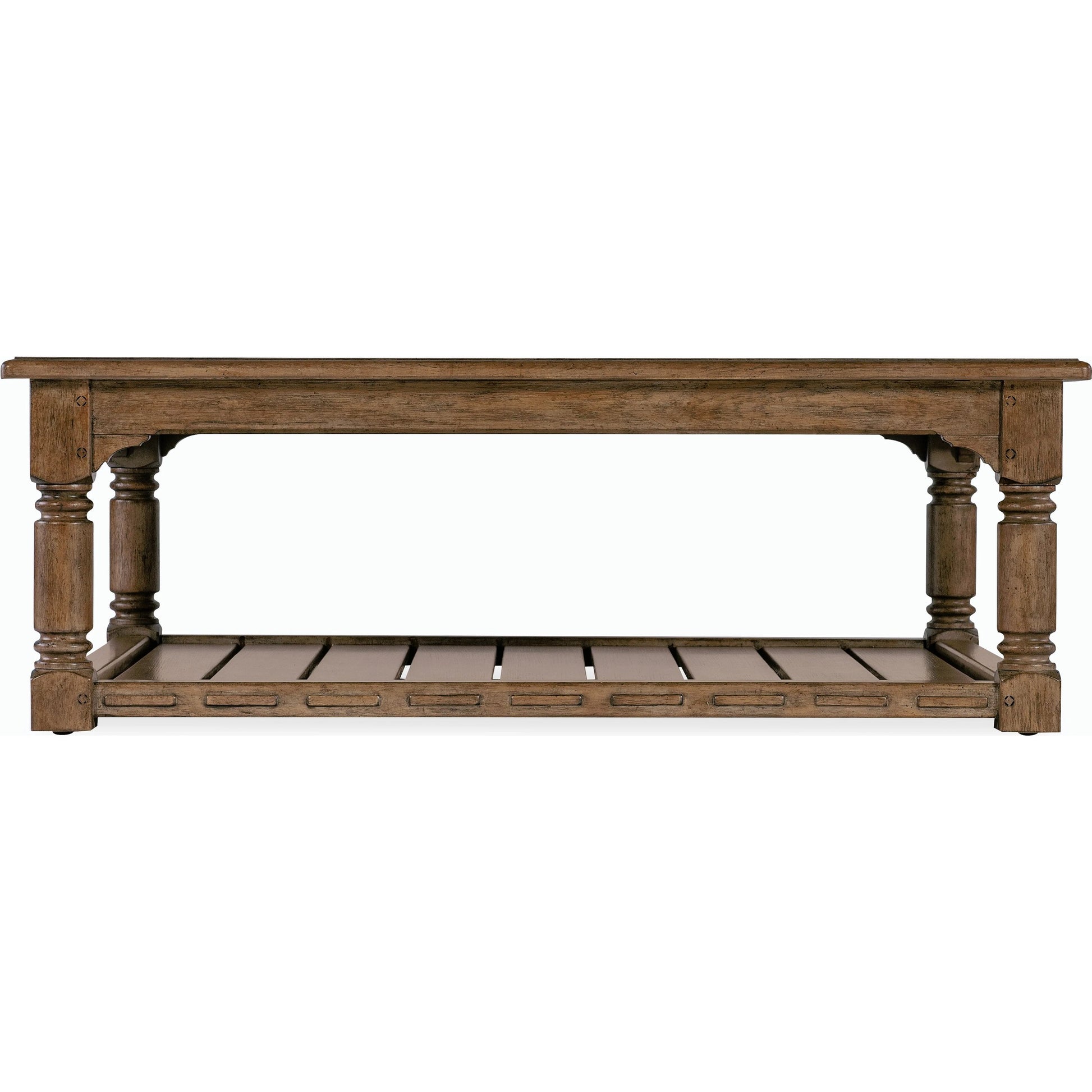 Americana Cocktail Table by Hooker Furniture in brown and honey finish. Made from oak veneers with solid-wood edge top in a modern style.