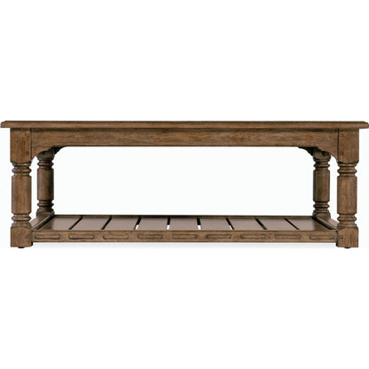 Americana Cocktail Table by Hooker Furniture in brown and honey finish. Made from oak veneers with solid-wood edge top in a modern style.