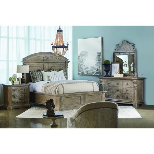 Arch Salvage Gabriel Bedside Chest by A.R.T. Furniture in brown and parch. Made from parrawood solids, cathedral elm veneers, concrete top in a traditional style.