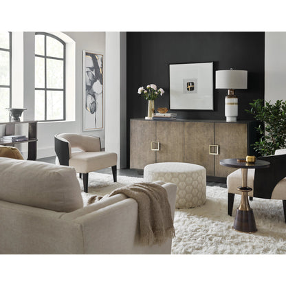 Melange Asher Four Door Entertainment Credenza by Hooker Furniture in dark wood. Made from figured primavera veneers with canvas crackle in a modern style.