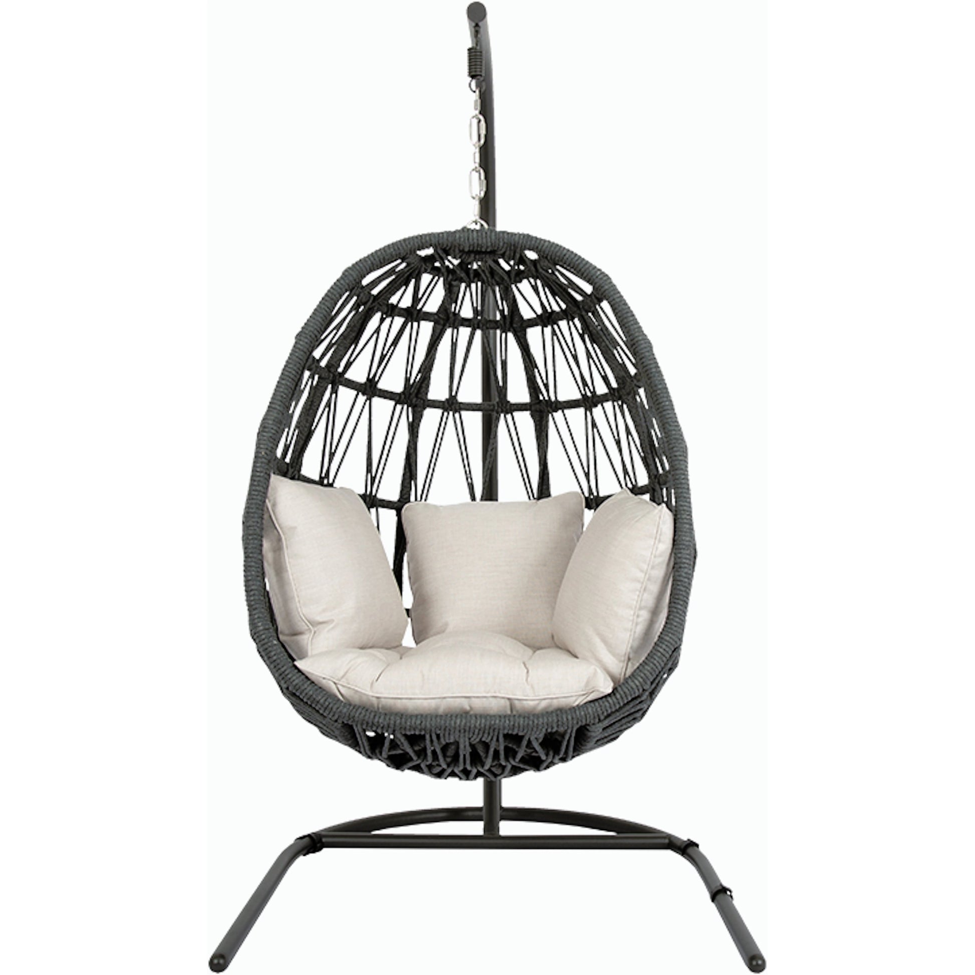 Milano Outdoor Hanging Chair by Sunset West in slate. Made from olefin rope in a coastal style.