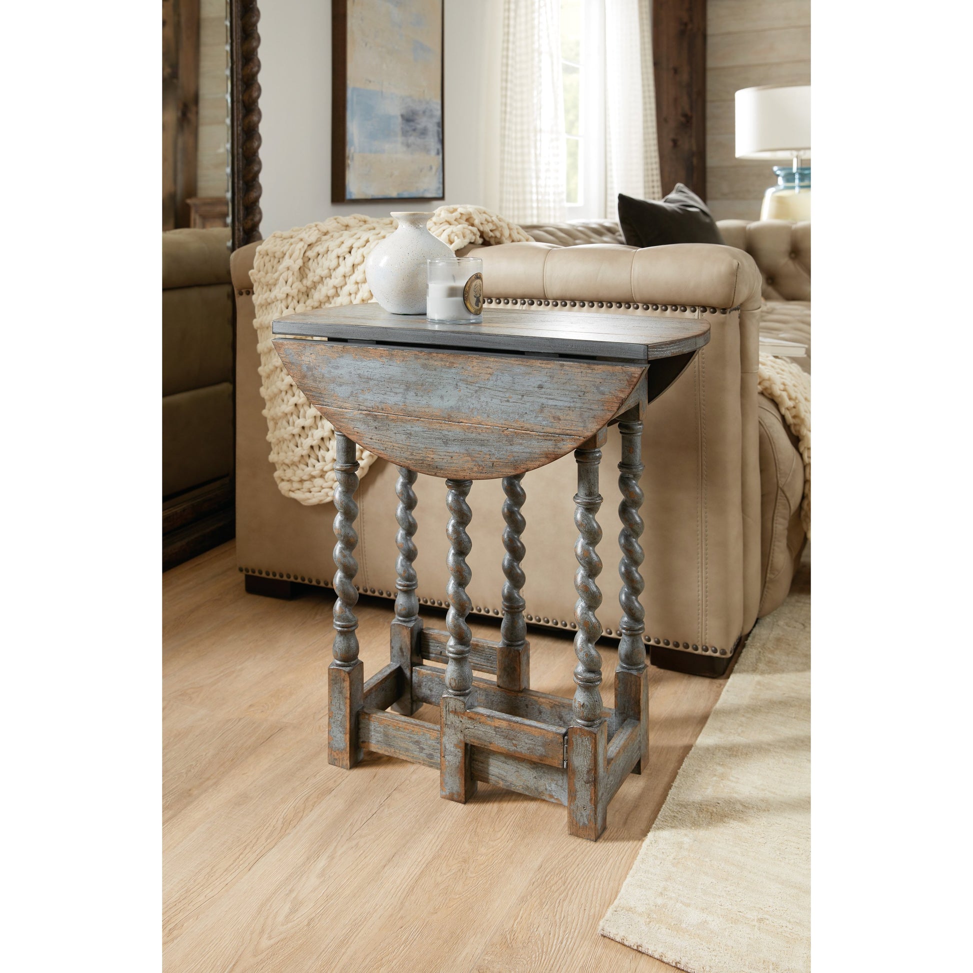 La Grange Prause Gate Leg Round Table by Hooker Furniture in blue bonnet. Made from pecky hickory veneer, solid-wood edge top in a unique style.