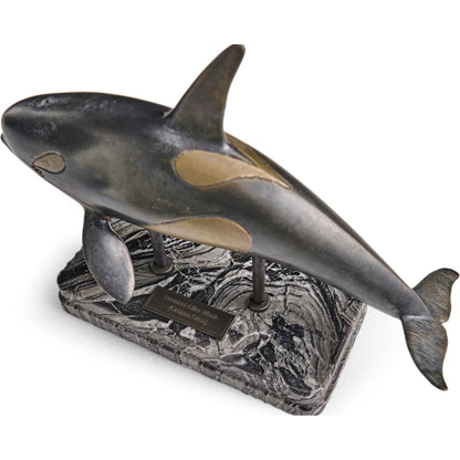 Killer Whale Bronze Statue with Marble Base by Jonathan Charles in dark rustic waxed bronze. Made from main brass in a unique style.