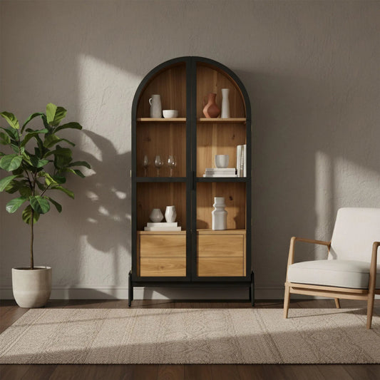 Remix Display Cabinet by LH Imports. Made from mdf, plywood, laminated veneer lumber, acacia veneer, tempered glass in a traditional style.