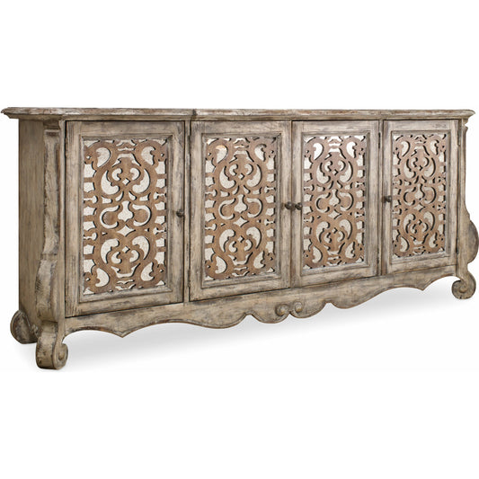 Chatelet Credenza by Hooker Furniture in caramel froth, paris vintage. Made from pecan veneers, resin in a traditional style.
