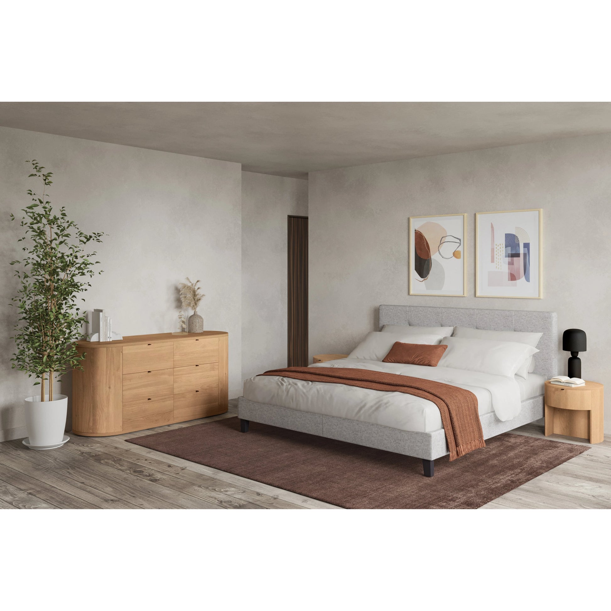Eliza Bed by Moe's Home Collection in grey. Made from upholstery: 100% polyester, solid pine, wood slats, plywood, mdf in a modern style.