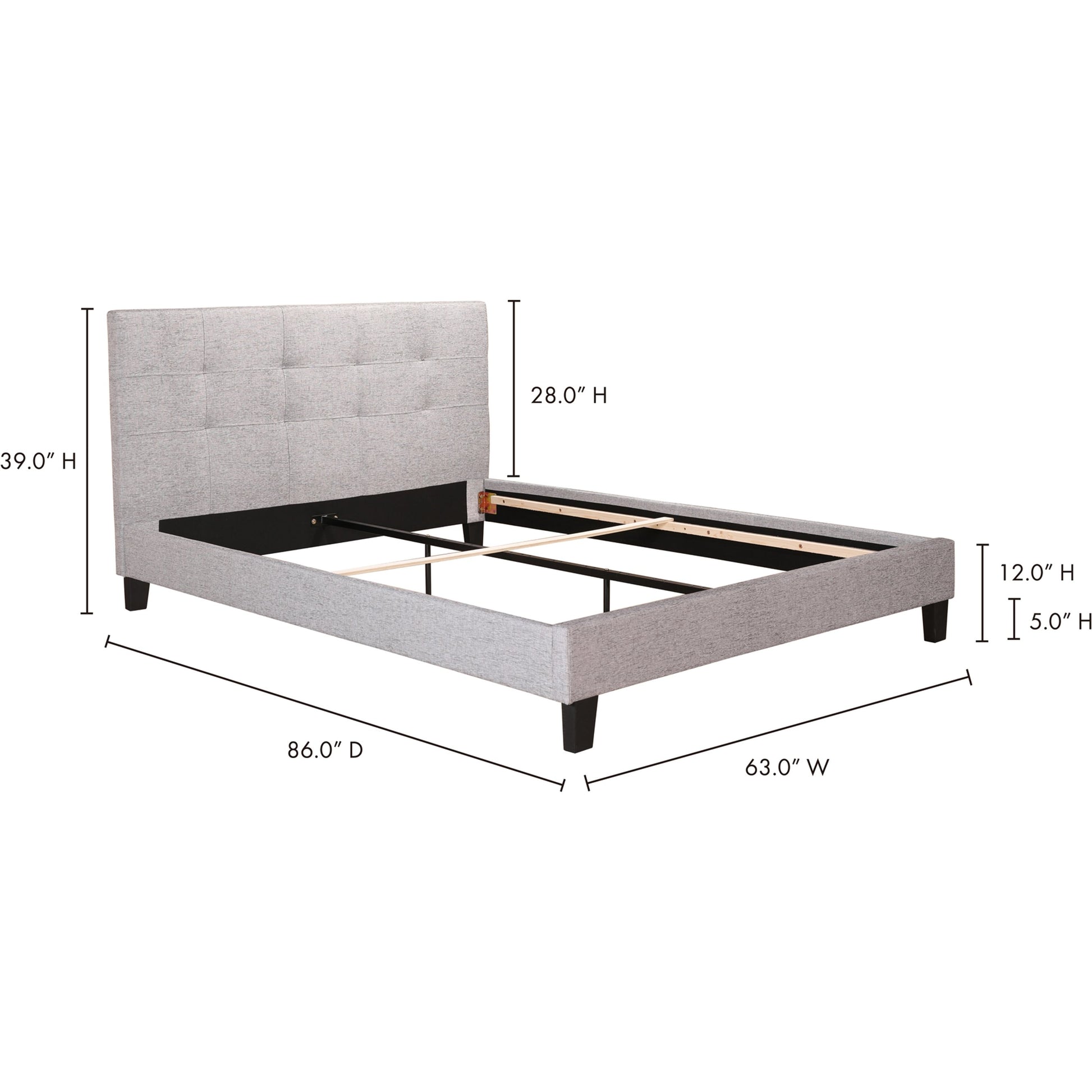 Eliza Bed by Moe's Home Collection in grey. Made from upholstery: 100% polyester, solid pine, wood slats, plywood, mdf in a modern style.
