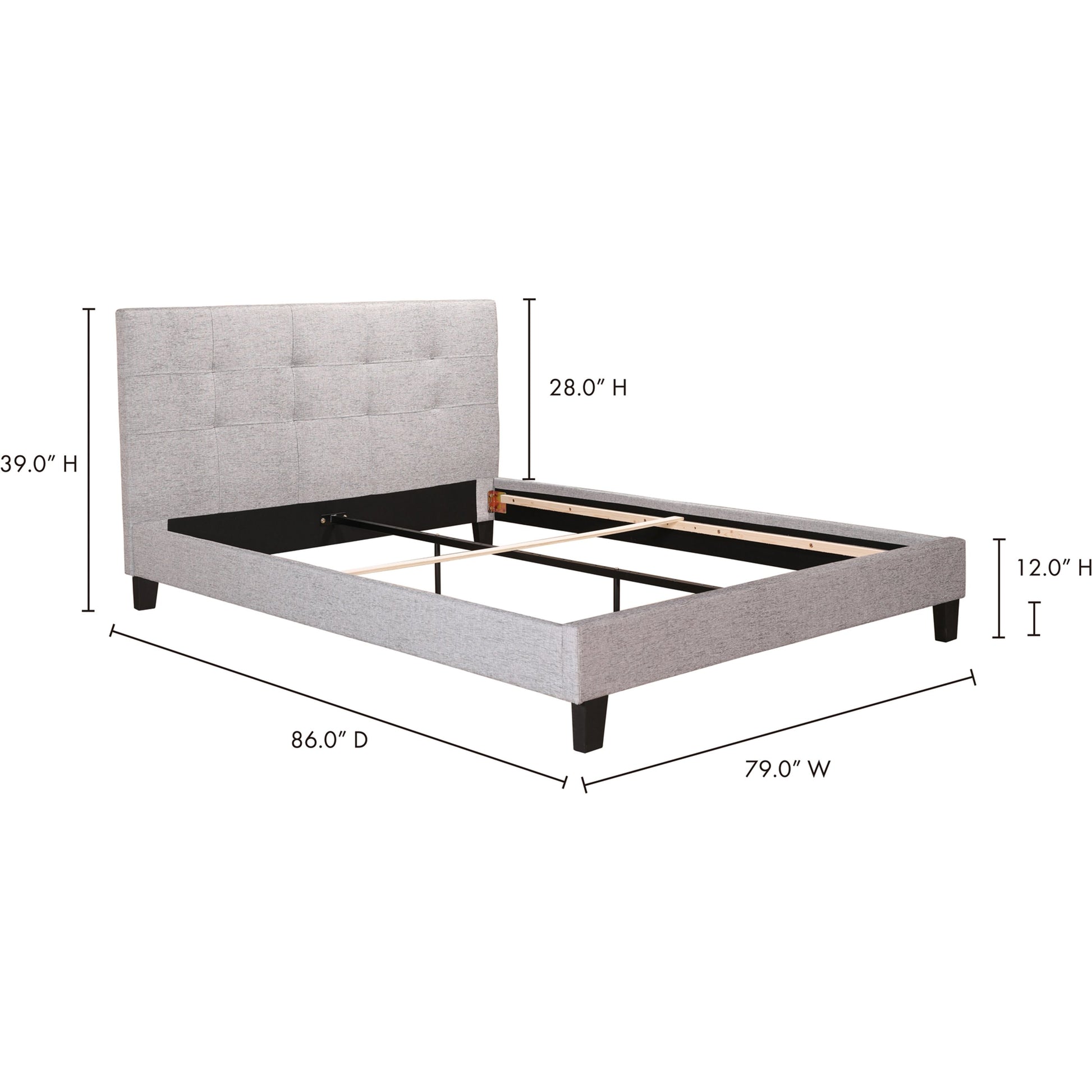 Eliza Bed by Moe's Home Collection in grey. Made from upholstery: 100% polyester, solid pine, wood slats, plywood, mdf in a modern style.