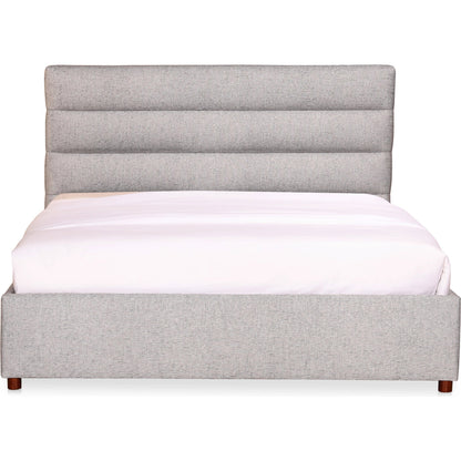 Takio Bed by Moe's Home Collection in grey. Made from upholstery: 100% polyester, solid pine frame, foam padded headboard, wood slats, plywood, mdf in a modern style.
