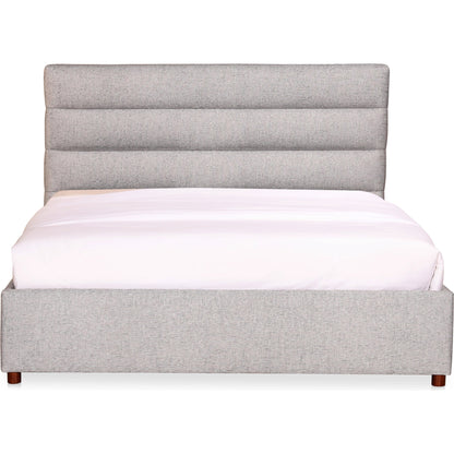 Takio Bed by Moe's Home Collection in grey. Made from upholstery: 100% polyester, solid pine frame, foam padded headboard, wood slats, plywood, mdf in a modern style.