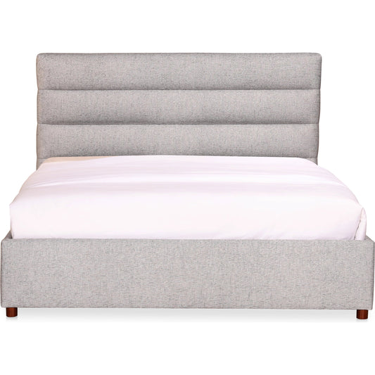 Takio Bed by Moe's Home Collection in grey. Made from upholstery: 100% polyester, solid pine frame, foam padded headboard, wood slats, plywood, mdf in a modern style.