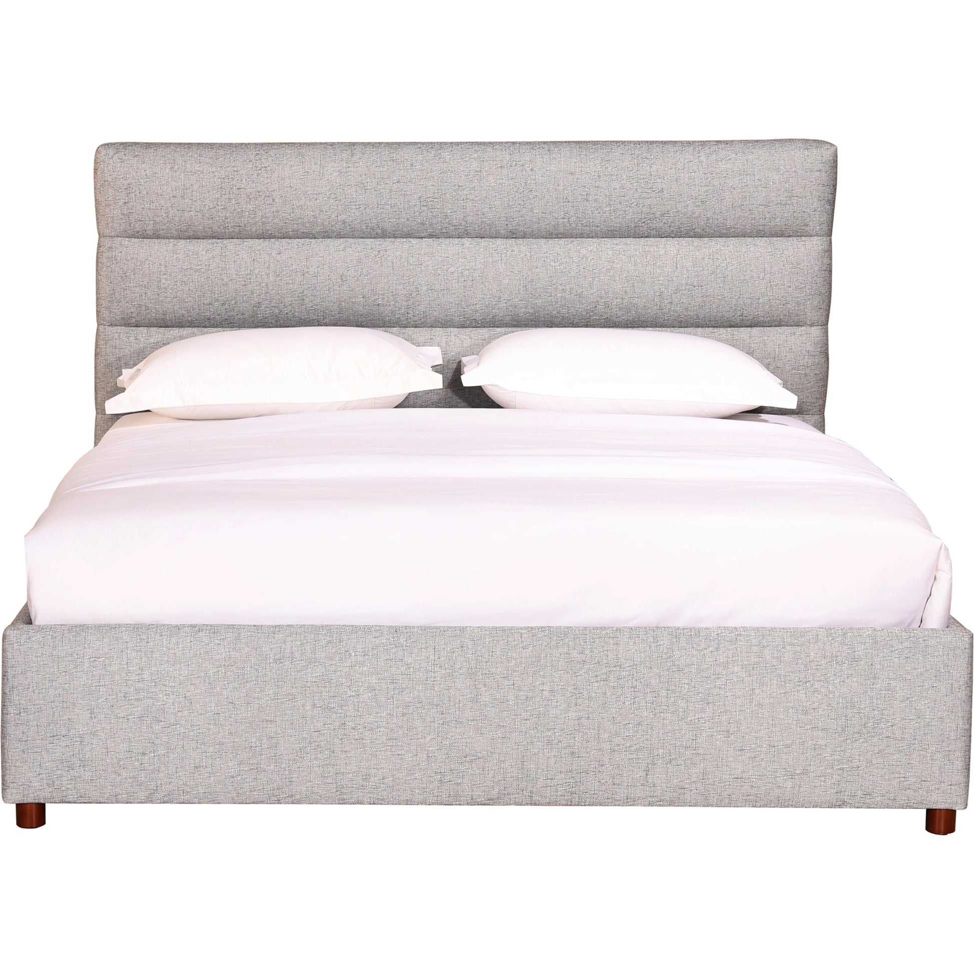 Takio Bed by Moe's Home Collection in grey. Made from upholstery: 100% polyester, solid pine frame, foam padded headboard, wood slats, plywood, mdf in a modern style.