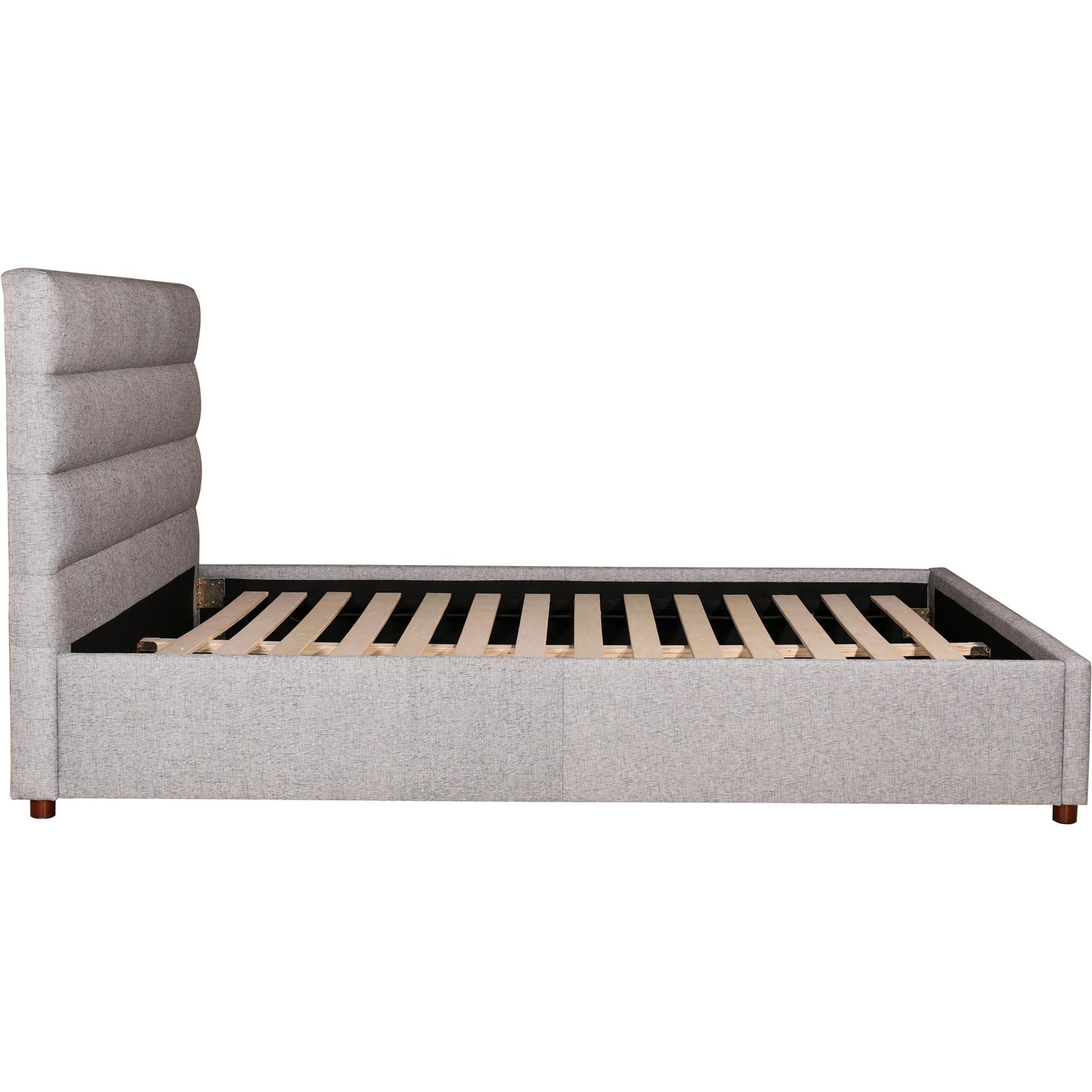 Takio Bed by Moe's Home Collection in grey. Made from upholstery: 100% polyester, solid pine frame, foam padded headboard, wood slats, plywood, mdf in a modern style.