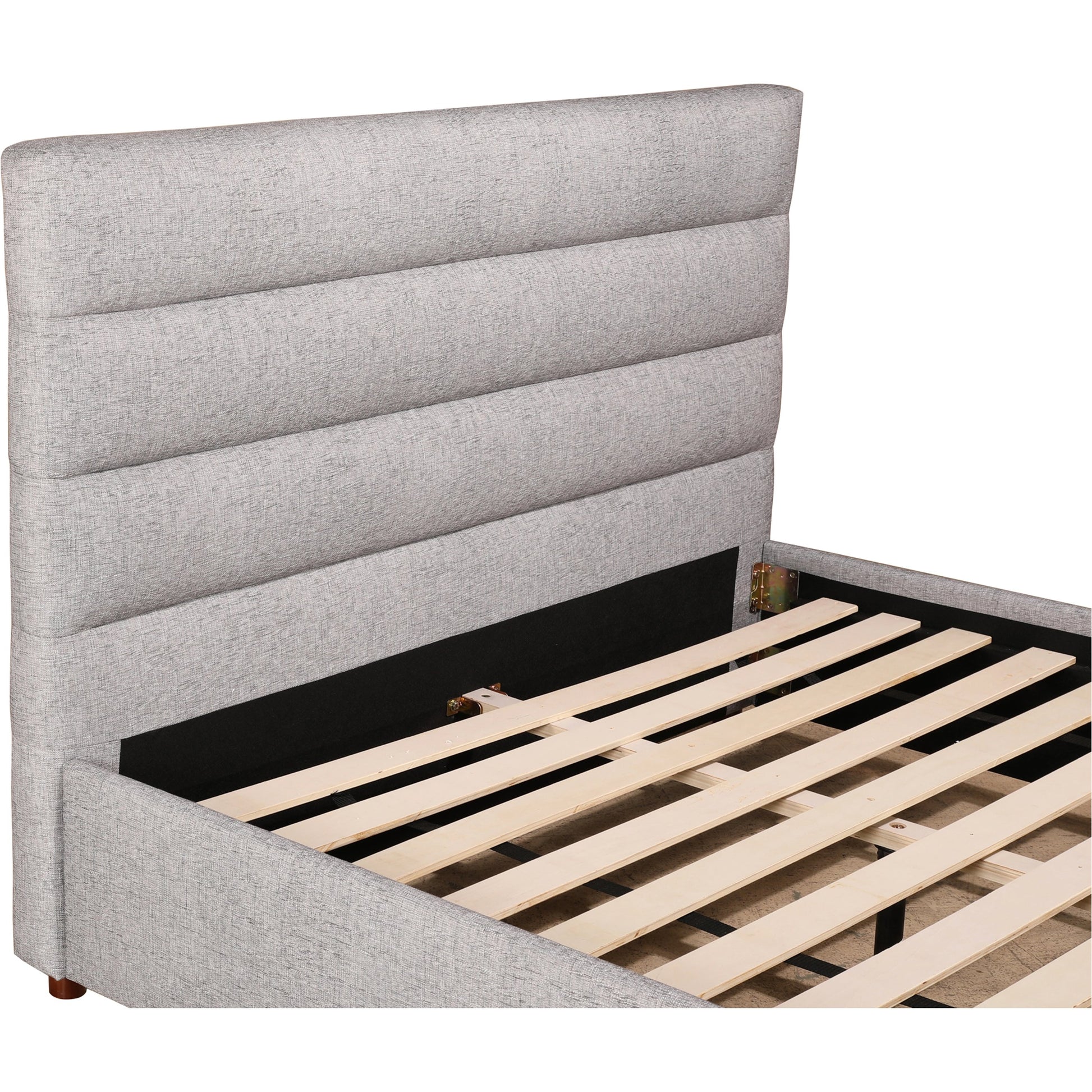 Takio Bed by Moe's Home Collection in grey. Made from upholstery: 100% polyester, solid pine frame, foam padded headboard, wood slats, plywood, mdf in a modern style.