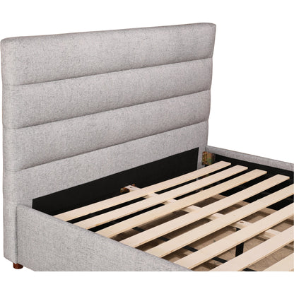 Takio Bed by Moe's Home Collection in grey. Made from upholstery: 100% polyester, solid pine frame, foam padded headboard, wood slats, plywood, mdf in a modern style.