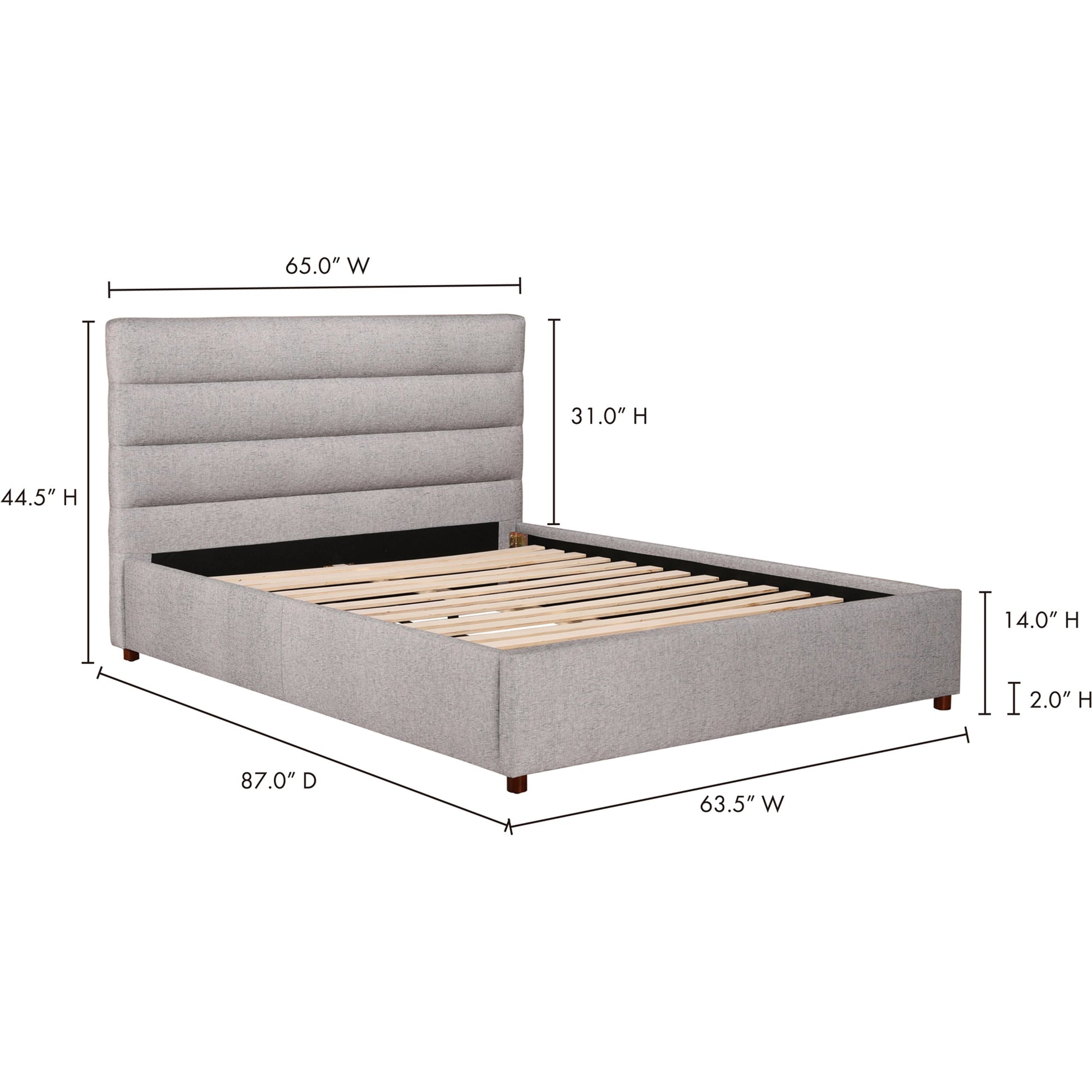Takio Bed by Moe's Home Collection in grey. Made from upholstery: 100% polyester, solid pine frame, foam padded headboard, wood slats, plywood, mdf in a modern style.