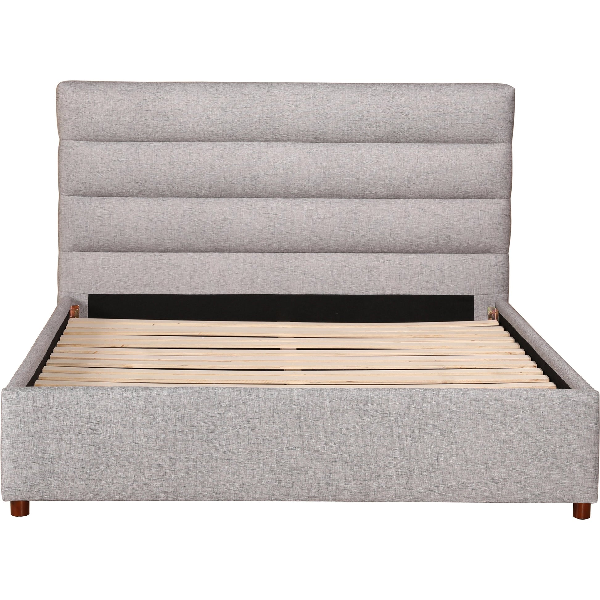 Takio Bed by Moe's Home Collection in grey. Made from upholstery: 100% polyester, solid pine frame, foam padded headboard, wood slats, plywood, mdf in a modern style.