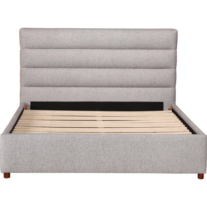 Takio Bed by Moe's Home Collection in grey. Made from upholstery: 100% polyester, solid pine frame, foam padded headboard, wood slats, plywood, mdf in a modern style.