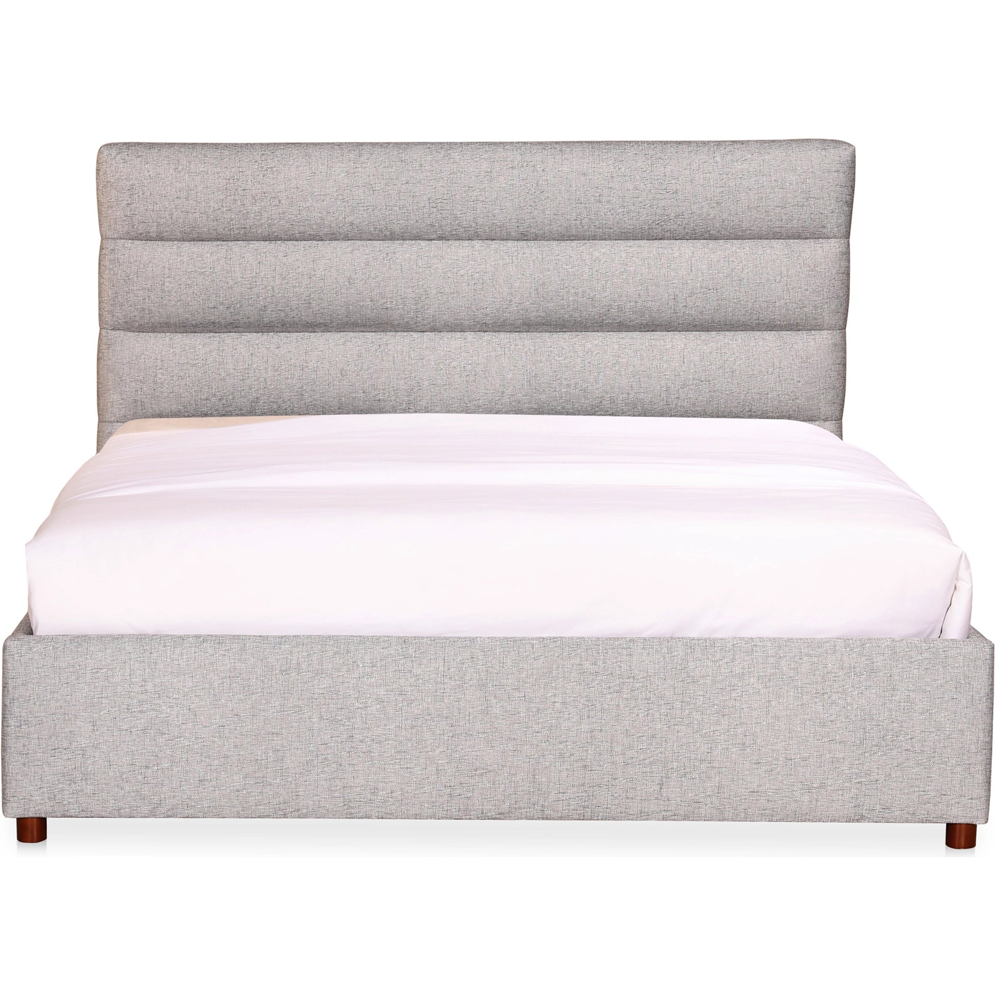 Takio Bed by Moe's Home Collection in grey. Made from upholstery: 100% polyester, solid pine frame, foam padded headboard, wood slats, plywood, mdf in a modern style.
