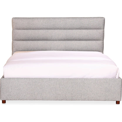 Takio Bed by Moe's Home Collection in grey. Made from upholstery: 100% polyester, solid pine frame, foam padded headboard, wood slats, plywood, mdf in a modern style.