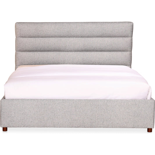 Takio Bed by Moe's Home Collection in grey. Made from upholstery: 100% polyester, solid pine frame, foam padded headboard, wood slats, plywood, mdf in a modern style.