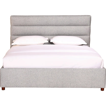 Takio Bed by Moe's Home Collection in grey. Made from upholstery: 100% polyester, solid pine frame, foam padded headboard, wood slats, plywood, mdf in a modern style.