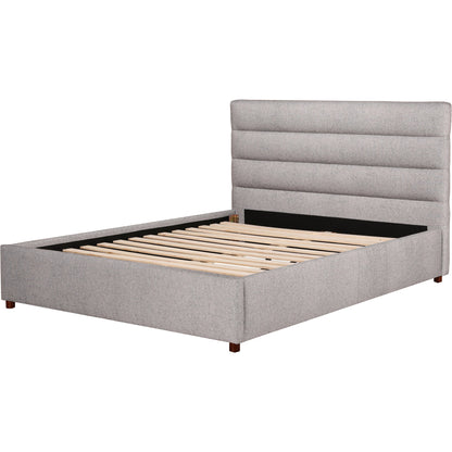 Takio Bed by Moe's Home Collection in grey. Made from upholstery: 100% polyester, solid pine frame, foam padded headboard, wood slats, plywood, mdf in a modern style.