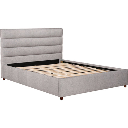 Takio Bed by Moe's Home Collection in grey. Made from upholstery: 100% polyester, solid pine frame, foam padded headboard, wood slats, plywood, mdf in a modern style.