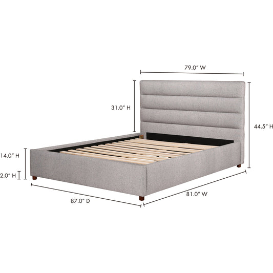 Takio Bed by Moe's Home Collection in grey. Made from upholstery: 100% polyester, solid pine frame, foam padded headboard, wood slats, plywood, mdf in a modern style.
