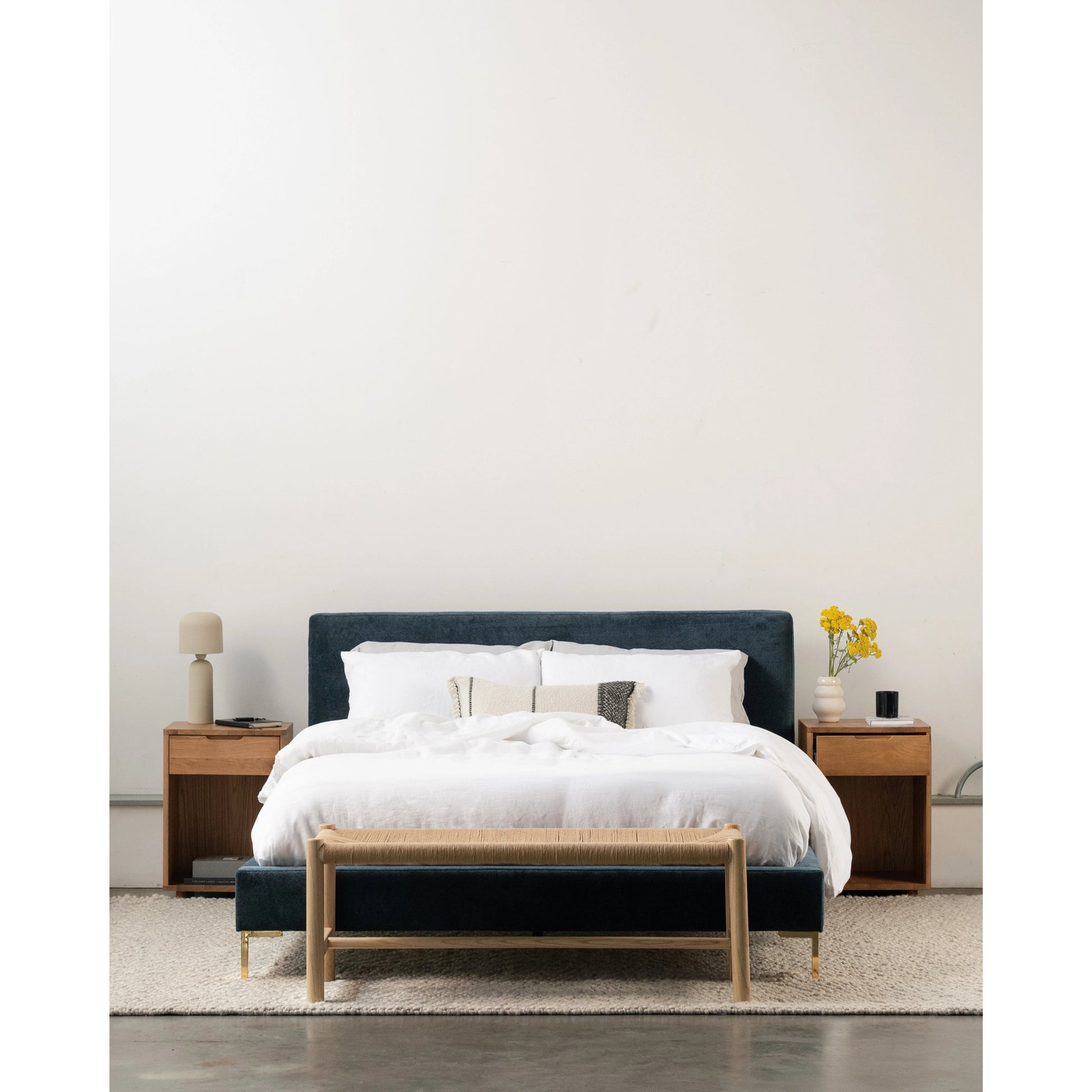 Astrid Bed by Moe's Home Collection in blue. Made from upholstery: 100% polyester, solid pine frame, foam, plywood, mdf in a modern style.