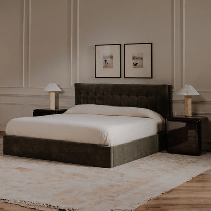 Sebastion Storage Bed by Moe's Home Collection. Made from upholstery: 100% polyester, frame: solid wood, plywood, mdf, foam, lift hydraulic storage: piston 800n in a transitional style.