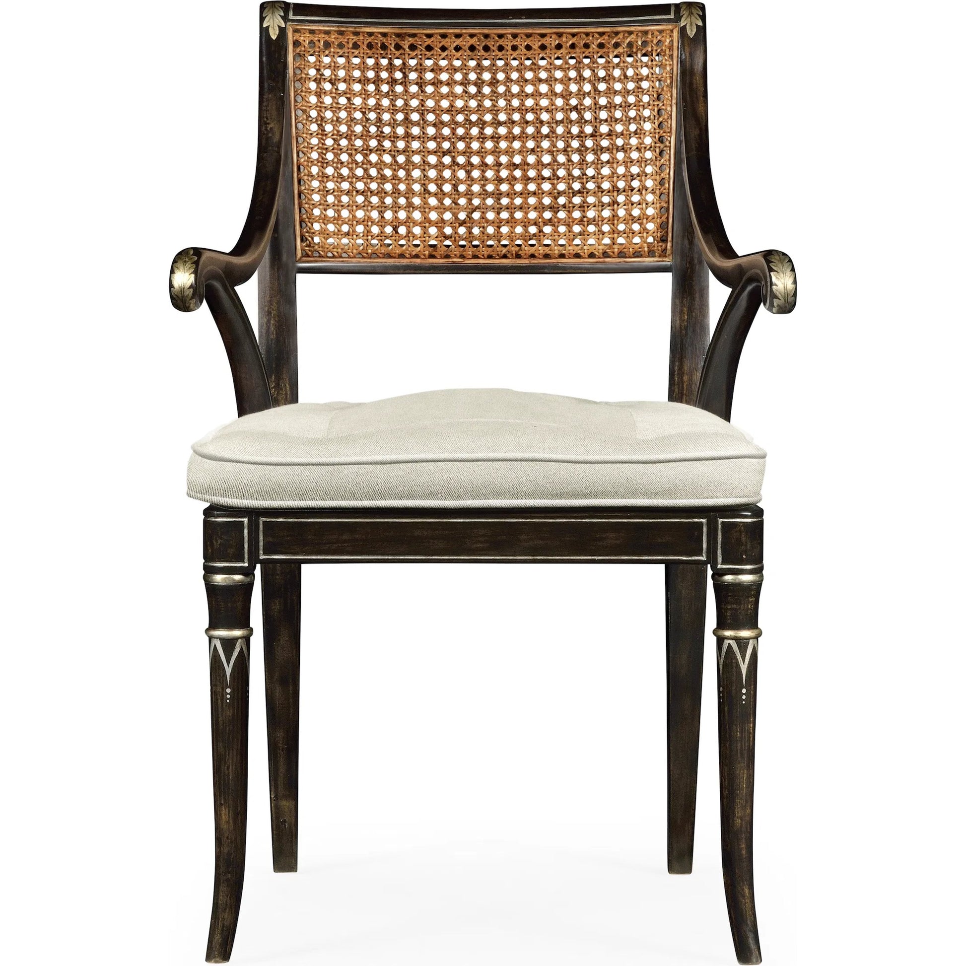 William Yeoward Linden Dining Arm Chair by Jonathan Charles in charcoal wash. Made from acacia, foam, fabric, cane in a traditional style.