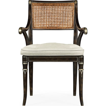 William Yeoward Linden Dining Arm Chair by Jonathan Charles in charcoal wash. Made from acacia, foam, fabric, cane in a traditional style.