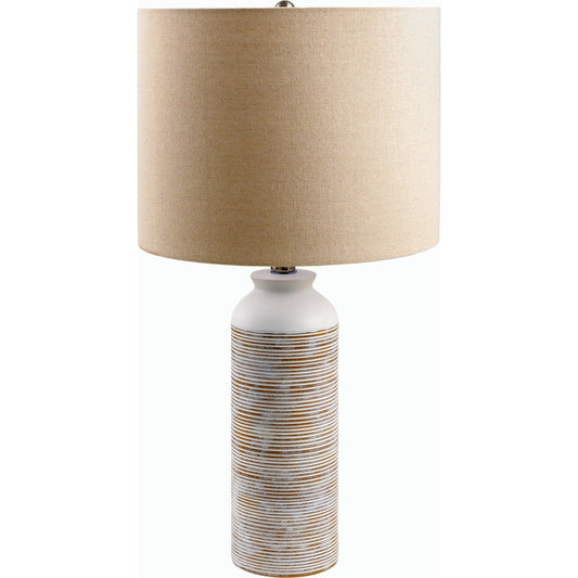 Rhinebeck Accent Table Lamp - 492826 by Surya in body: white, shade (outside): cream, shade (inside): white, finial: metallic - silver, harp: metallic - nickel, cord: translucent and paintedbrushed. Made from resin, linen, n