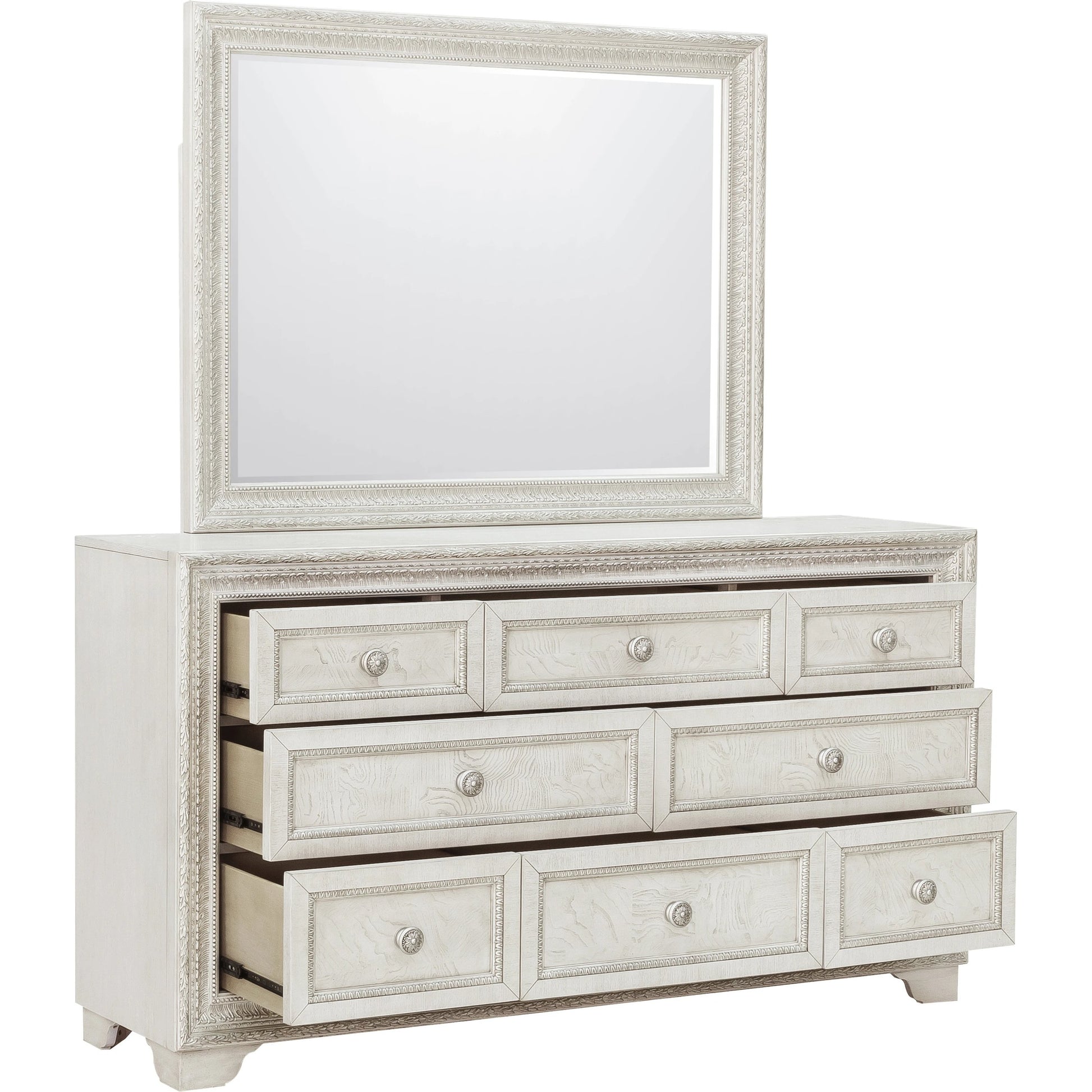 Camila Dresser and Mirror by Pulaski Furniture in semi-transparent creamy white. Made from ash veneers in a transitional style.