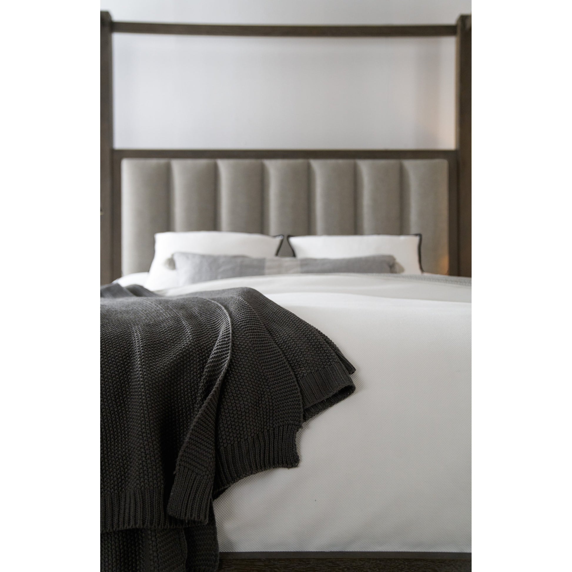 Jackson Poster Bed by Hooker Furniture in grey and smoky arabica, cleary cement. Made from white oak, pine knotty oak veneers with fabric in a traditional style.