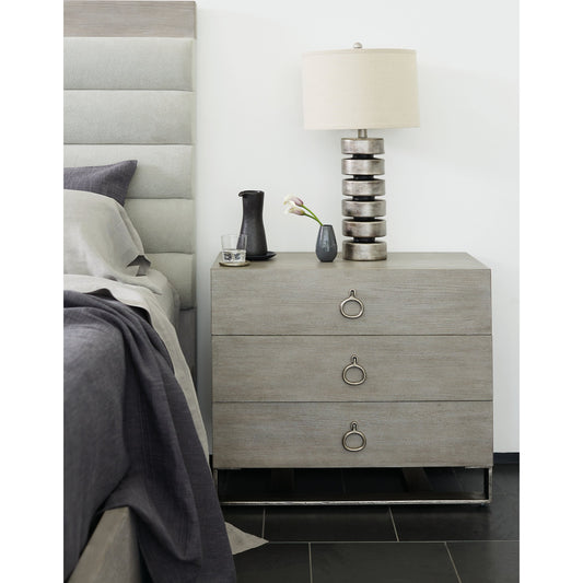 Linea Upholstered Channel Bed by Bernhardt in cerused greige. Made from white oak veneers, fabric in a unique style.