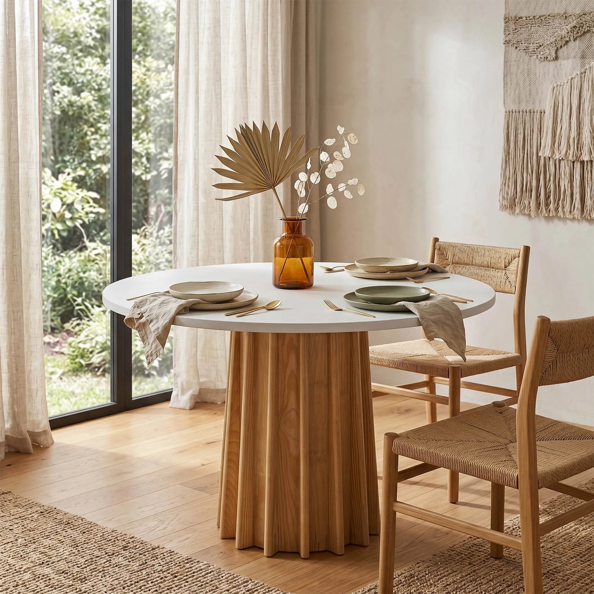 Sculpture Dining Table by LH Imports in white, brown and natural. Made from solid pine, mdf, cement paint (natural oak, white cement colour) in a unique style.