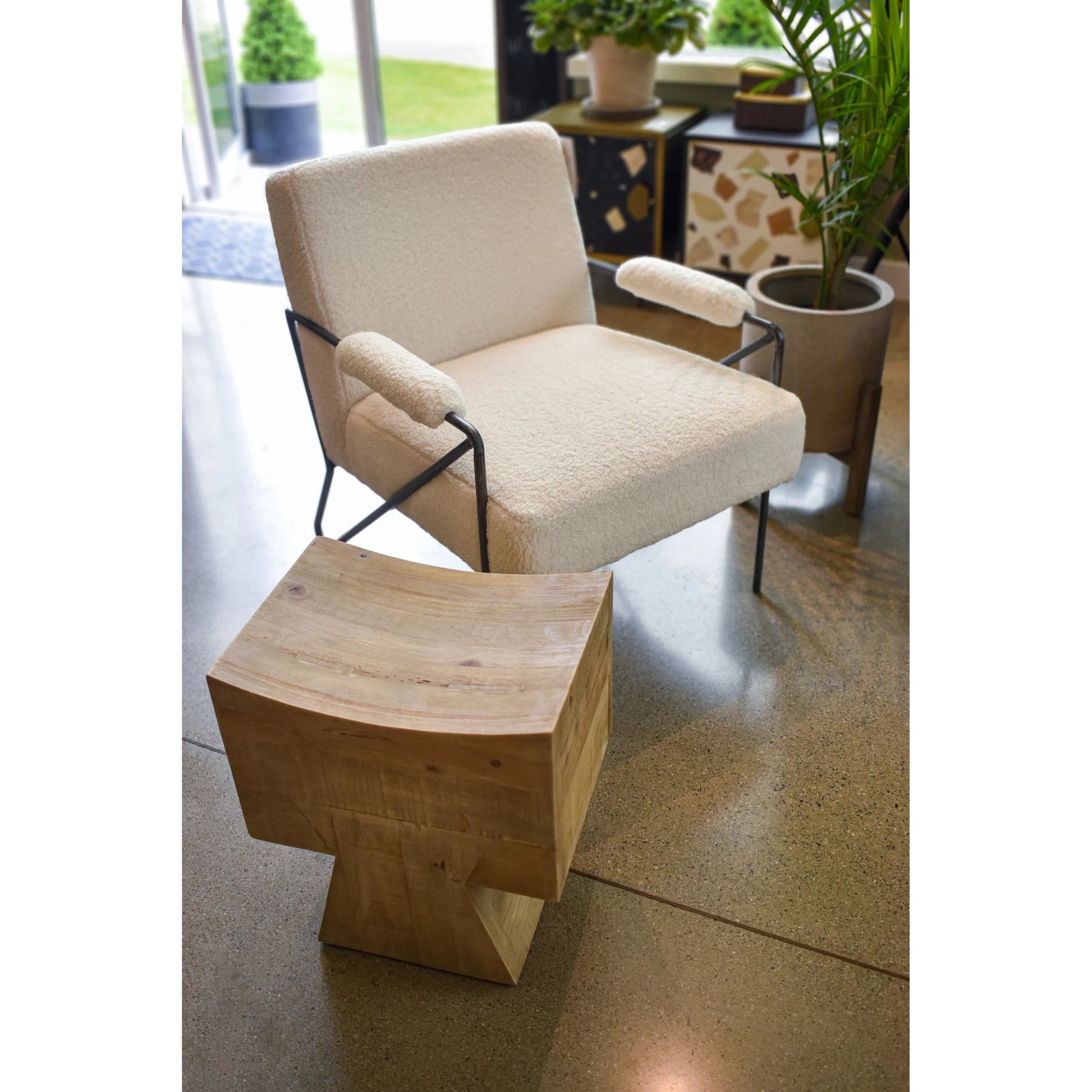 Pieta Stool by LH Imports in brown and natural brushed. Made from reclaimed white pine in a modern style.