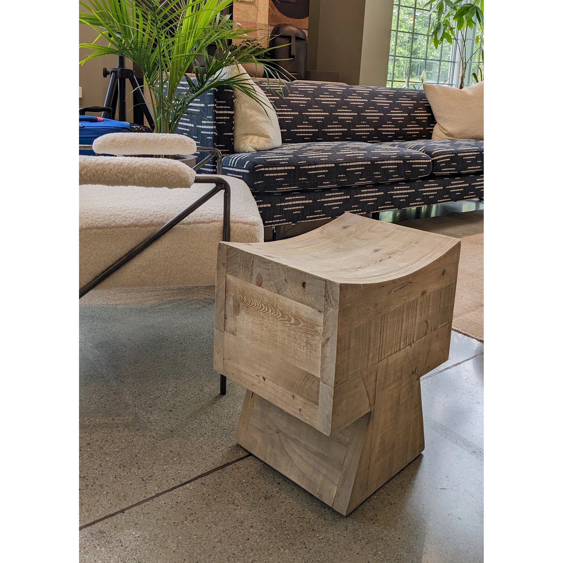 Pieta Stool by LH Imports in brown and natural brushed. Made from reclaimed white pine in a modern style.