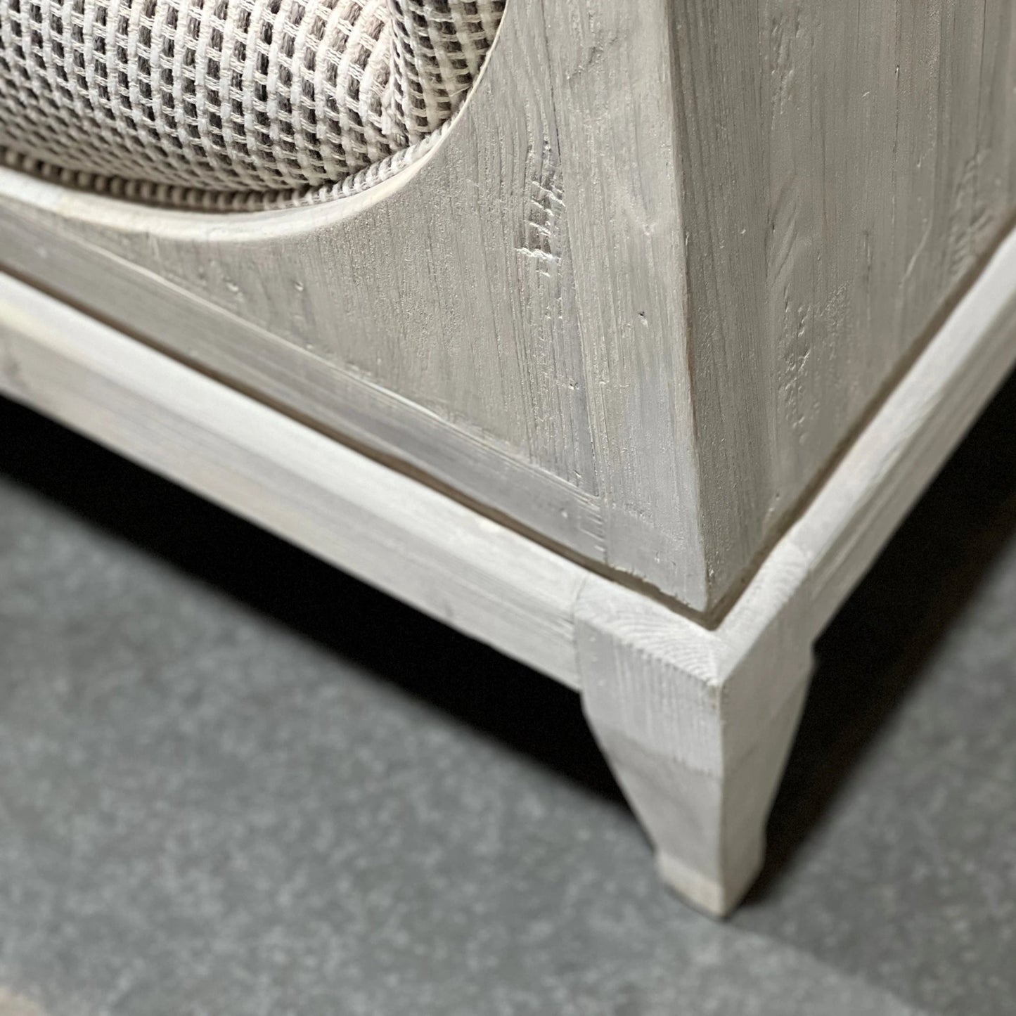019 SI-2004390 | Closeup | Raphael Sofa by LH Imports in light grey and antique white washed. Made from white pine, polyester, flax fabric, pu foam in a modern style.