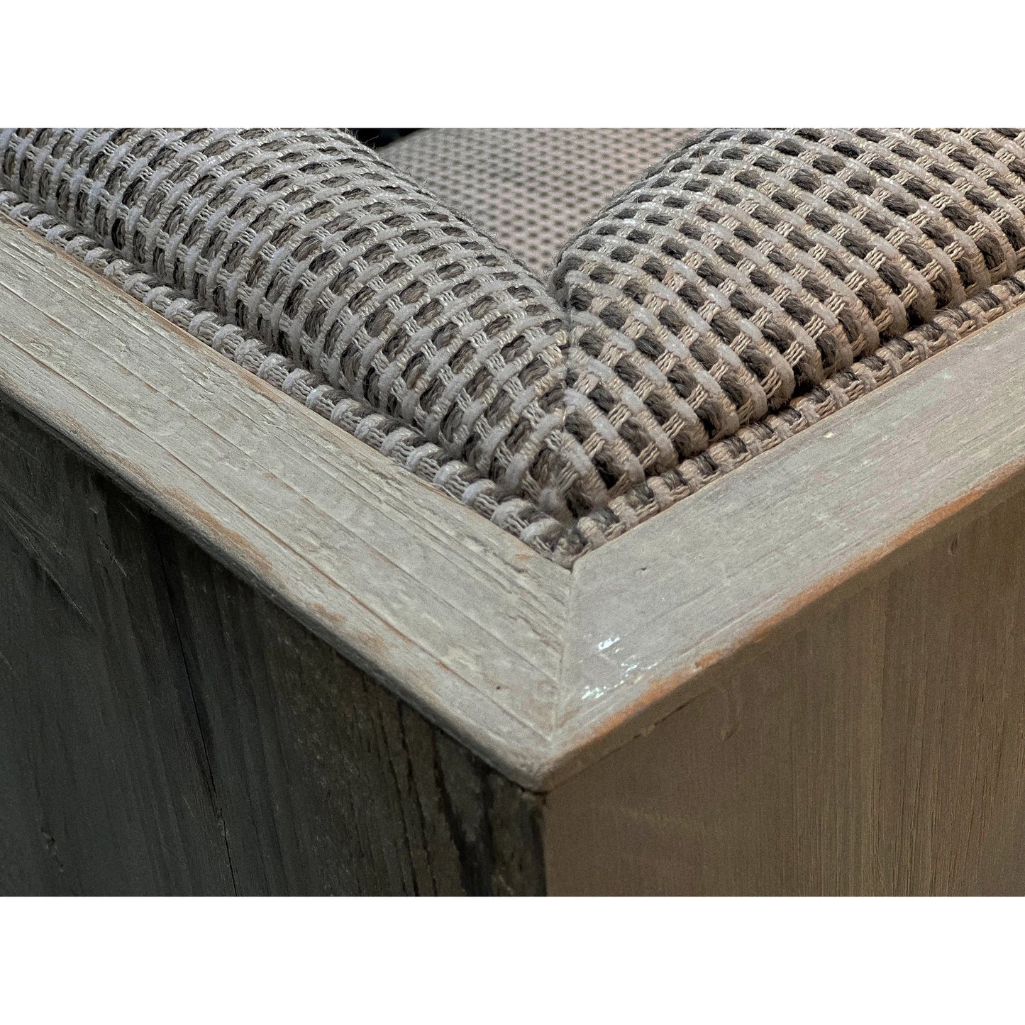 020 SI-2004390 | Closeup | Raphael Sofa by LH Imports in light grey and antique white washed. Made from white pine, polyester, flax fabric, pu foam in a modern style.