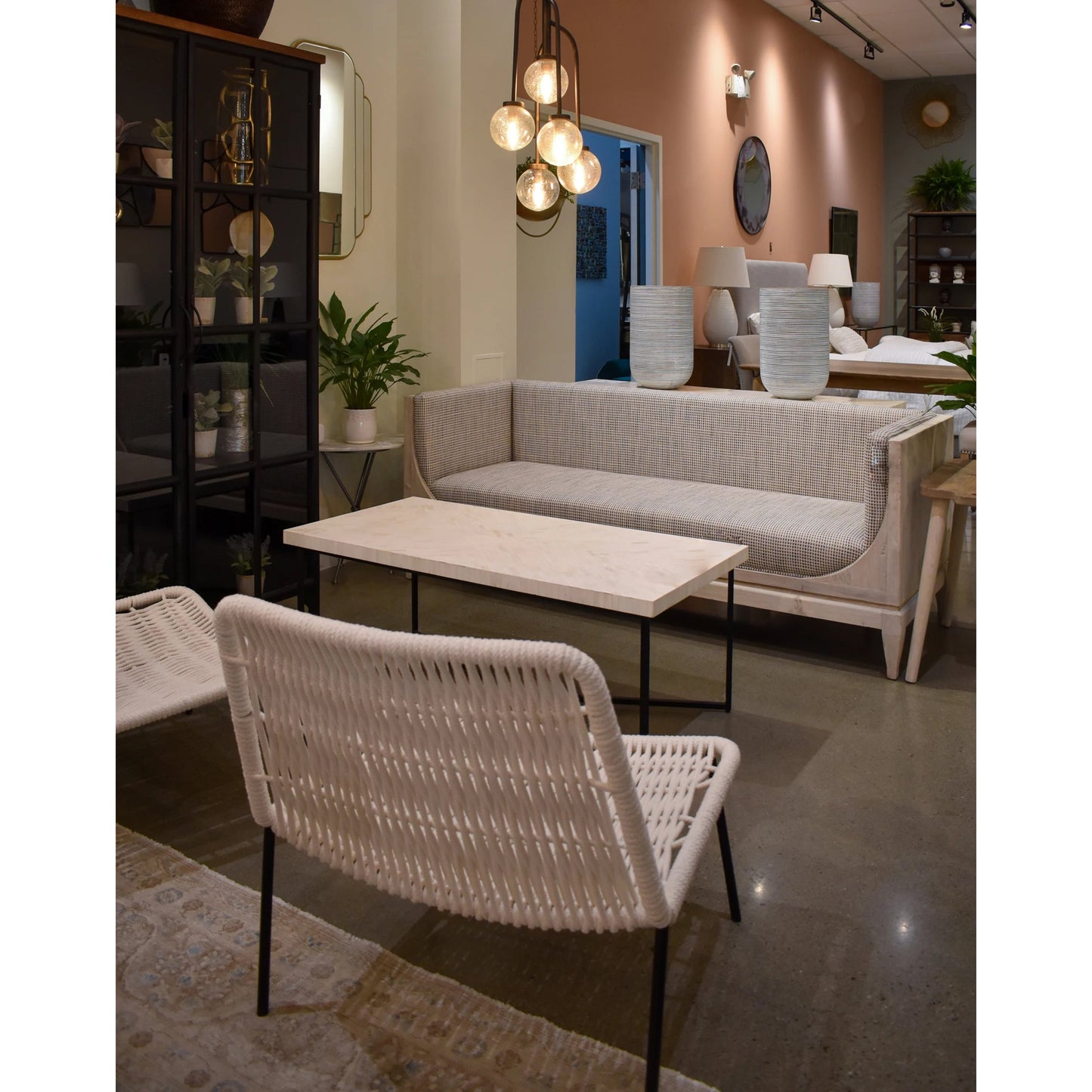 021 SI-2004390 | Lifestyle | Raphael Sofa by LH Imports in light grey and antique white washed. Made from white pine, polyester, flax fabric, pu foam in a modern style.