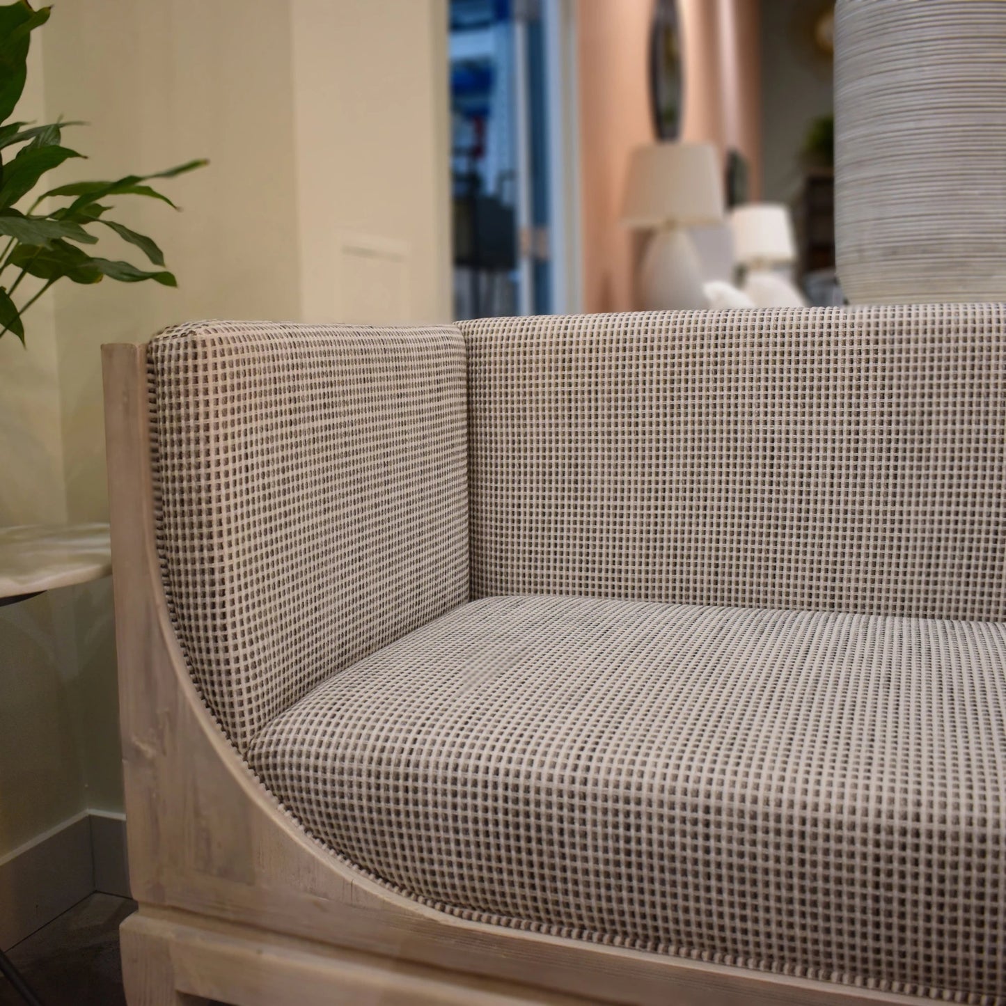 022 SI-2004390 | Closeup | Raphael Sofa by LH Imports in light grey and antique white washed. Made from white pine, polyester, flax fabric, pu foam in a modern style.